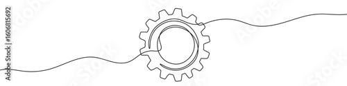 Gear in one line art style. Gear drawing with editable black stroke on white background. Vector illustration.