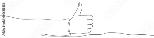 Hand with thumb up in one line art style. Hand drawing with editable black stroke on white background. Vector illustration.
