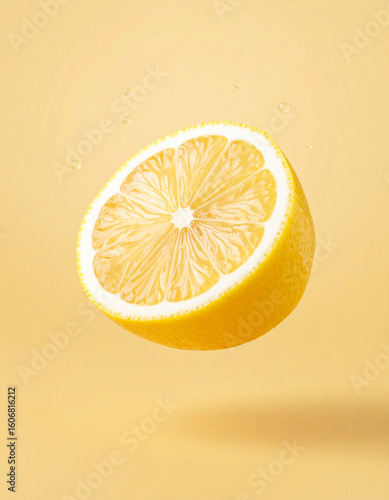 Lemon Half Levitating with Juice Droplets on a Yellow Background. Minimal concept