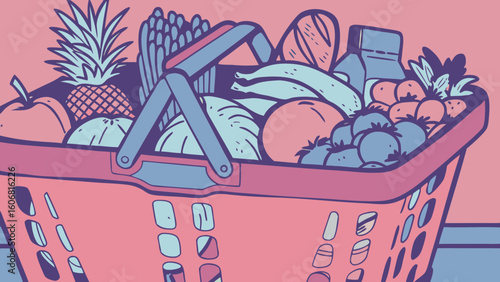 A colorful illustration of a shopping basket filled with fresh fruits and vegetables.