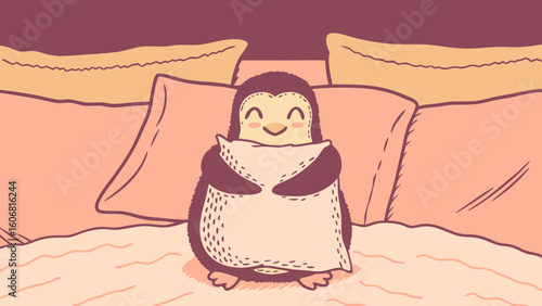 A cute cartoon penguin cuddles a pillow on a cozy bed, surrounded by soft pillows in pastel colors.