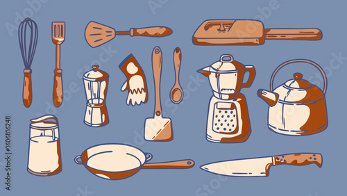 An assortment of kitchen utensils, including a whisk, spatula, and measuring tools, hand-drawn with a warm color palette.