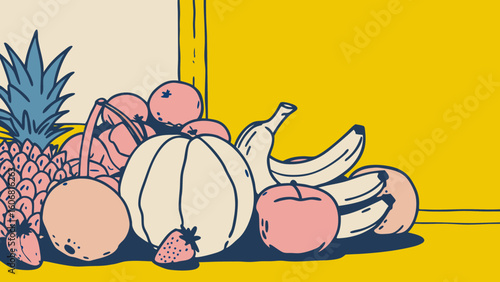 A vibrant illustration featuring a variety of fruits including bananas, strawberries, and oranges on a bright yellow background.