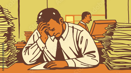 A stressed male office worker in a white shirt, overwhelmed by paperwork in a cluttered workspace.