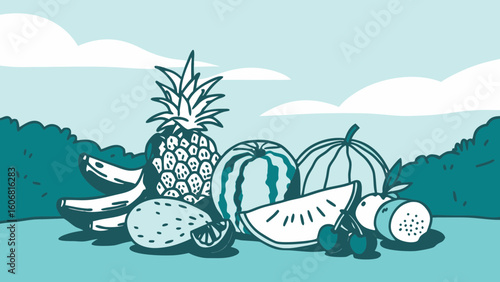 A vibrant illustration featuring an array of delicious fruits including watermelon, bananas, and pineapple.