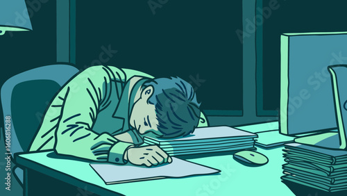 A tired Asian man resting his head on a desk cluttered with papers, illustrating the stress of late-night work.