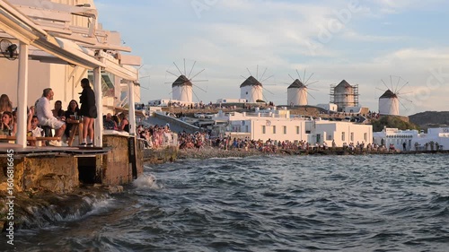 Little Venice at sunset, Chora (Mykonos Town), Mykonos Island, Cyclades, Greece