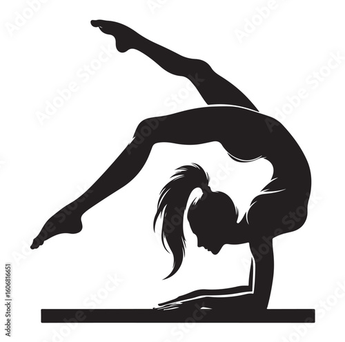Gymnastics female competing on balance beam silhouette vector graphics