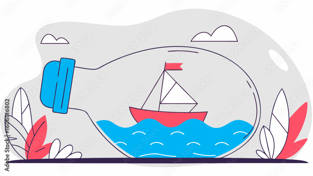 Naklejka premium A whimsical illustration of a ship in a bottle, showcasing creativity and imagination.