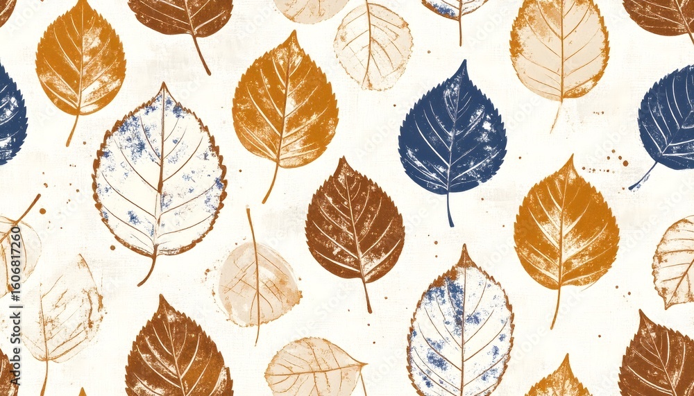 Obraz premium Autumnal Birch Leaf Pattern with Blue Accents on Textured White Background