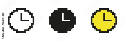 Pixel Art Clock With Hour And Minute Hands Icon Set. Pixelated Clock Symbol Of Time. Isolated Vector Illustration