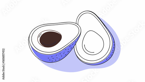 An artistic illustration of a halved avocado on a light purple background, showcasing its creamy texture and rich seed.