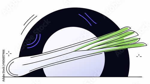 A fresh green onion rests on a modern plate against a minimalist backdrop, emphasizing vibrant colors and simple elegance.