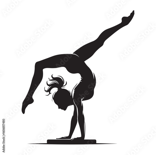 Gymnastics female competing on balance beam silhouette vector graphics