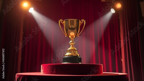 A golden trophy shines on a velvet podium, evoking the elegance of an award ceremony.