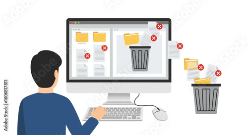 Tableau sur toile man deleting files from computer, isolated illustration