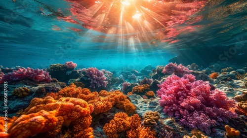 Fototapeta Naklejka Na Ścianę i Meble -  Underwater scene with coral reefs bathed in sun rays filtering down through turquoise water