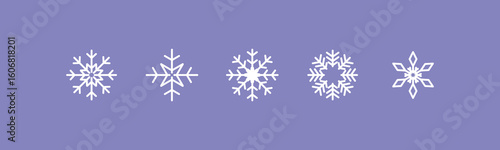Five different white outline snowflakes arranged horizontally on a solid light purple background