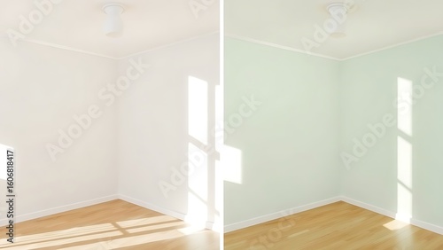 Simple room comparison showing plain walls versus freshly painted walls with natural light.