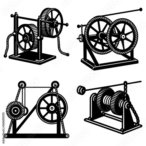 Illustration showcasing four distinct mechanical winches with varying designs and rope mechanisms shown