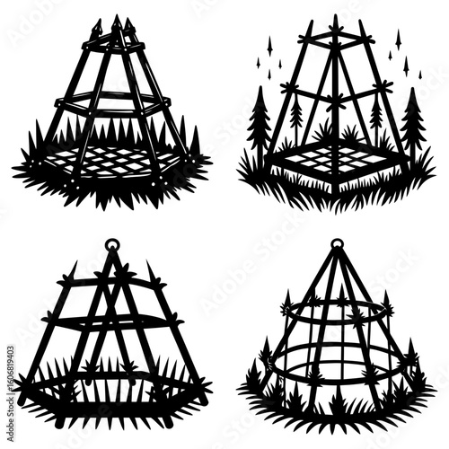 Four stylized black and white illustrations of cages or structures with grass and sharp spikes around them