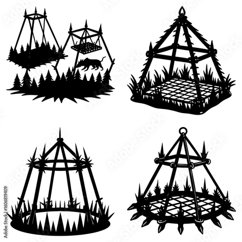 Silhouette illustration of four hanging cages with spikes and grass in a black and white design
