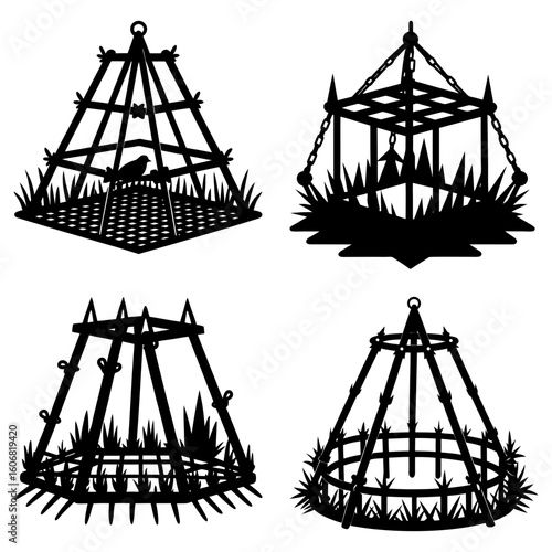 Silhouette illustration of four different metal cages with grass and some with bird inside them