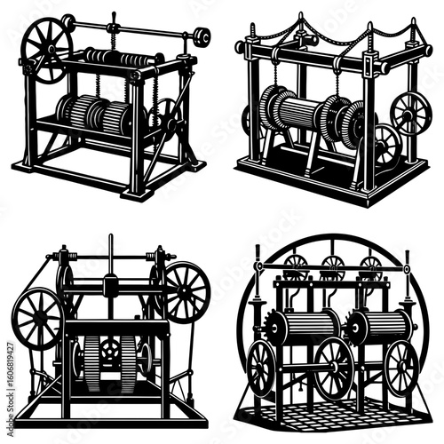 Four vintage mechanical machines with gears and wheels in black and white technical illustrations style drawing