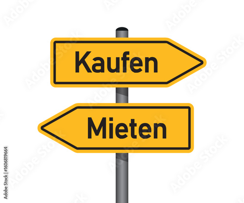 yellow traffic sign with german words buy rent isolated vector illustration