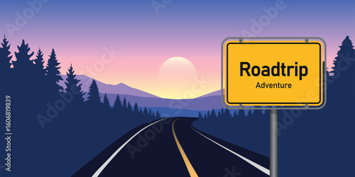 road trip adventure in the forest in mountain landscape vector illustration