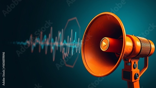 Vintage megaphone with abstract sound wave visualization in orange and blue duotone, symbolizing modern communication.