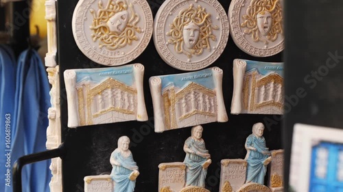 Wallpaper Mural Close-up of souvenir magnets in Athens, Greece. Medusa Gorgon heads, Parthenon-style temples, and classical statue figurines in ancient Greek style on display Torontodigital.ca