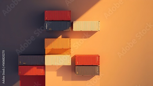 Colorful shipping containers arranged in an abstract aerial-inspired composition.