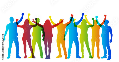 sagome, silhouette, concetto, persone, felici, vittoria, vincenti, successo, 