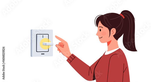 woman turning on a light switch, isolated