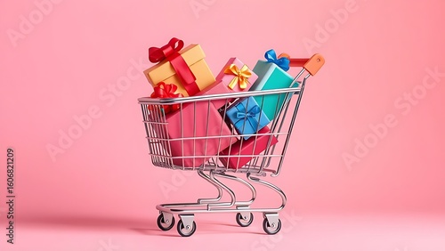A shopping cart filled with vibrant gift boxes, illustrating the convenience of online shopping.