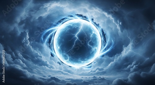 Abstract fantasy portal with electric energy in a vortex of dark clouds