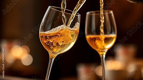 Elegant still life of crystal wine glasses with golden liquid captured in soft lighting.