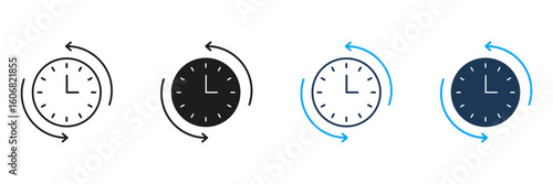 Clock With Arrows Line And Solid Icon Set. Time Management, Scheduling, And Process Rotation Symbol Collection. Efficient Workflow And Task Planning. Isolated Vector Illustration