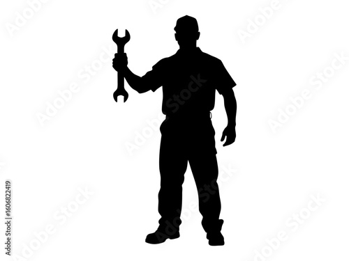 Silhouetted man with a wrench, perfect for construction, repairs, mechanical projects, industry, labor, engineering, and maintenance concept designs.