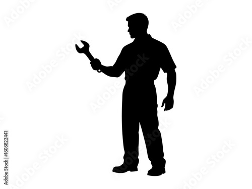 Silhouette of a worker with a wrench for repairs. Suitable for industrial, construction, maintenance, and repair service concepts.