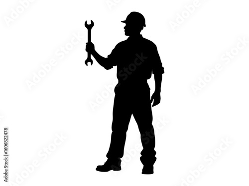 Black silhouette of a man holding a wrench. Suitable for mechanic training materials, repair service brochures, automotive industry presentations.