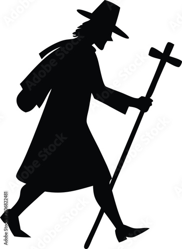 weathered pilgrim walking with cross and pack silhouette vector