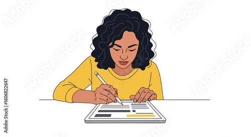 woman using stylus on tablet, isolated