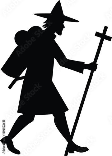  weathered pilgrim walking with cross and pack silhouette vector
