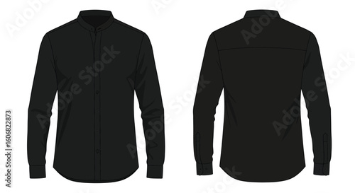 Modern Black Mandarin Collar Shirt – Flat Vector Front and Back