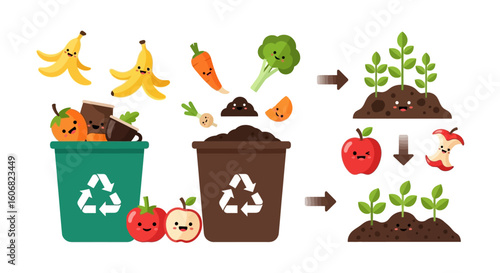 composting process with cute cartoon food illustration