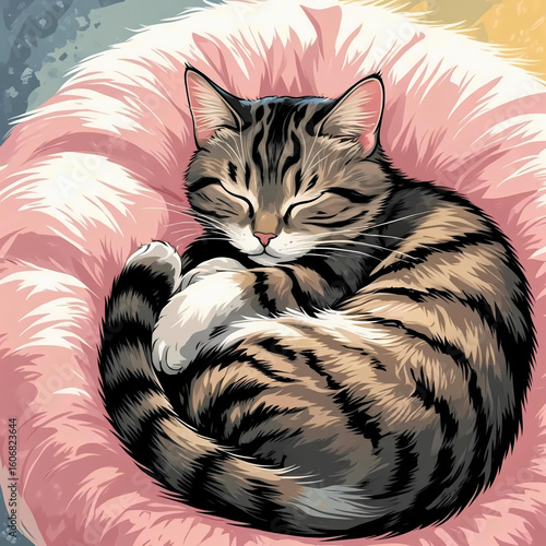 Cozy Cat Nap: A contented tabby cat is curled up in a soft, pink cushion, fast asleep. capturing a serene moment of peaceful rest.