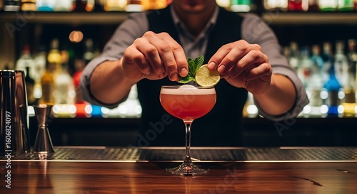 Skilled bartender meticulously garnishing a vibrant cocktail with fresh lime and mint, creating a perfect drink experience at a stylish bar counter during an evening event.