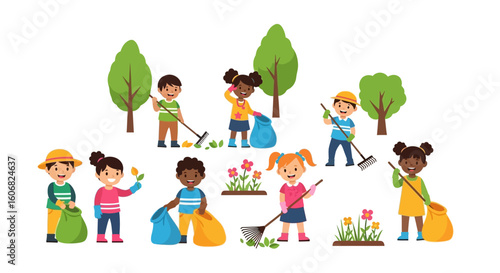 diverse children cleaning park, isolated illustration